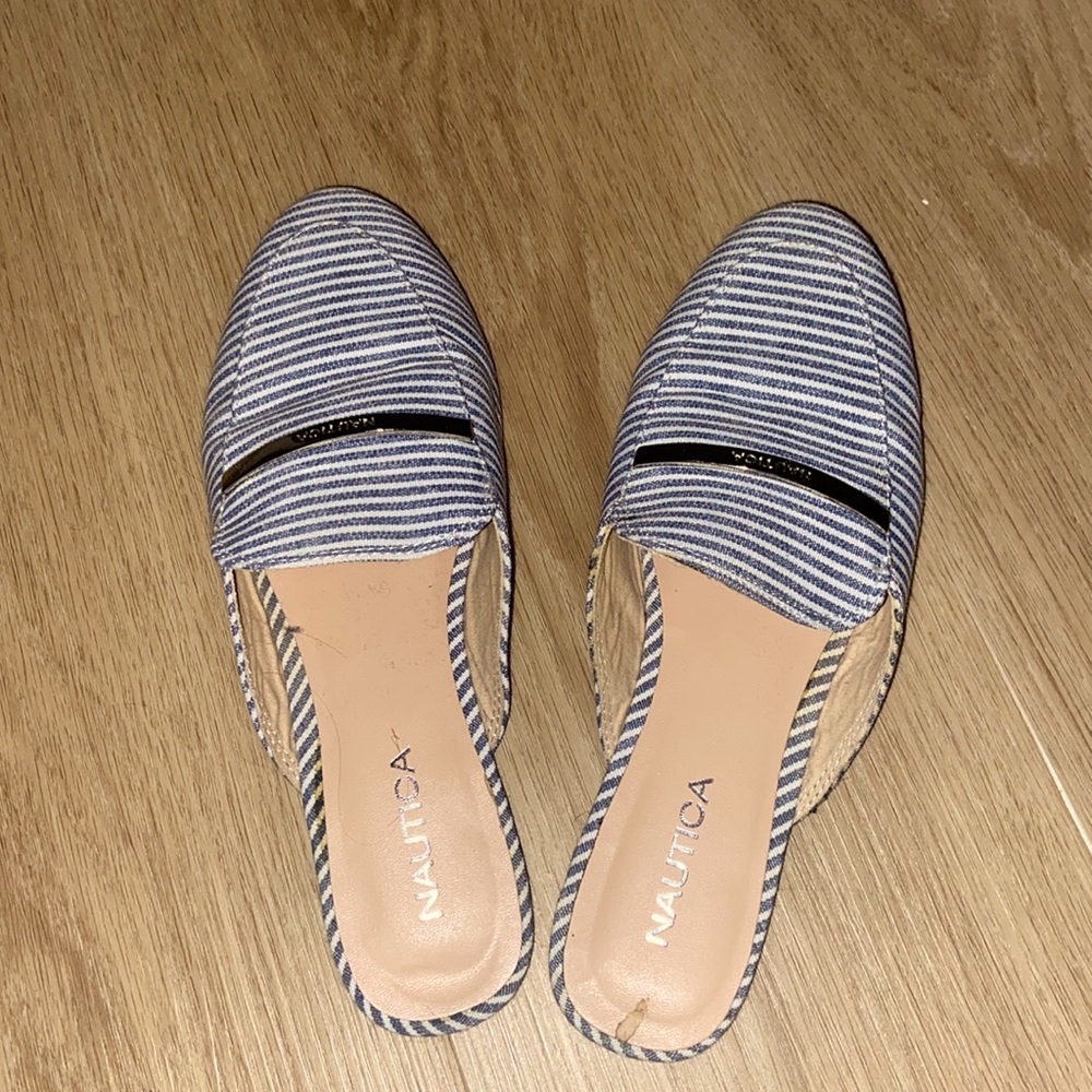 Size 6 blue and white striped Nautical mules